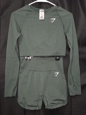 Gymshark Dark Green Seamless Long Sleeve Crop Top & High-Waist Shorts Set